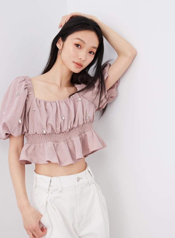 Snidel Embellished Puff Sleeve Crop Top Free shipping