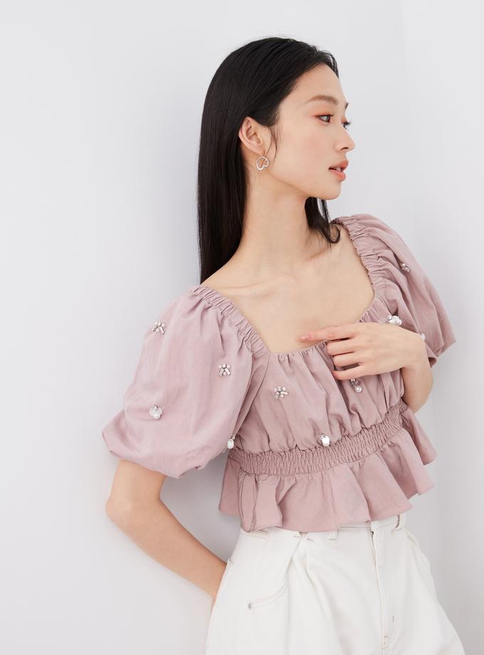 Snidel Embellished Puff Sleeve Crop Top Free shipping