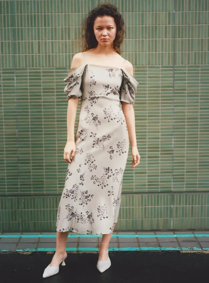 Snidel Off-Shoulder Puff Sleeve Midi Dress New Arrival