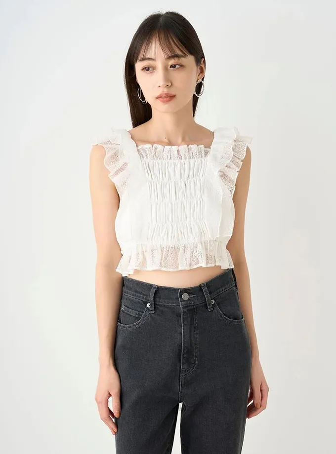 Snidel Smocked Ruffle Lace Crop Top Best Price