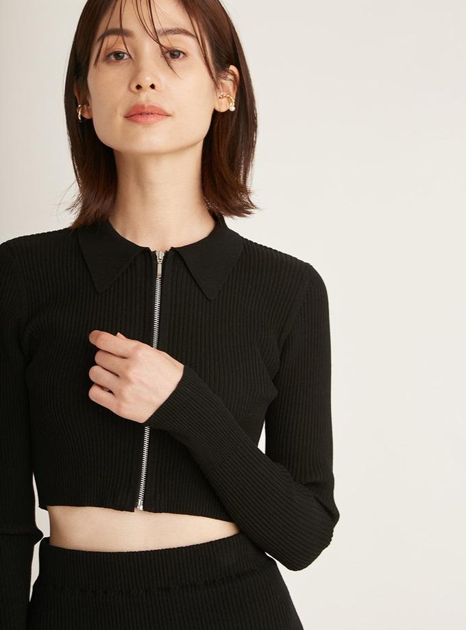 Snidel Sustainable Long Sleeve Zip Up Knit Crop Top On Sale