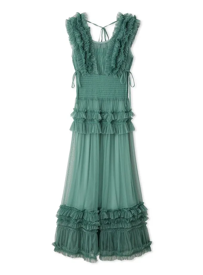 Snidel Tiered Smocked Ruffle Sheer Midi Dress Best Buy