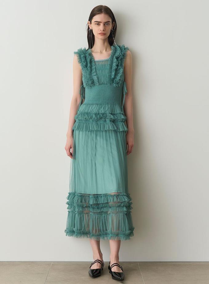 Snidel Tiered Smocked Ruffle Sheer Midi Dress Best Buy